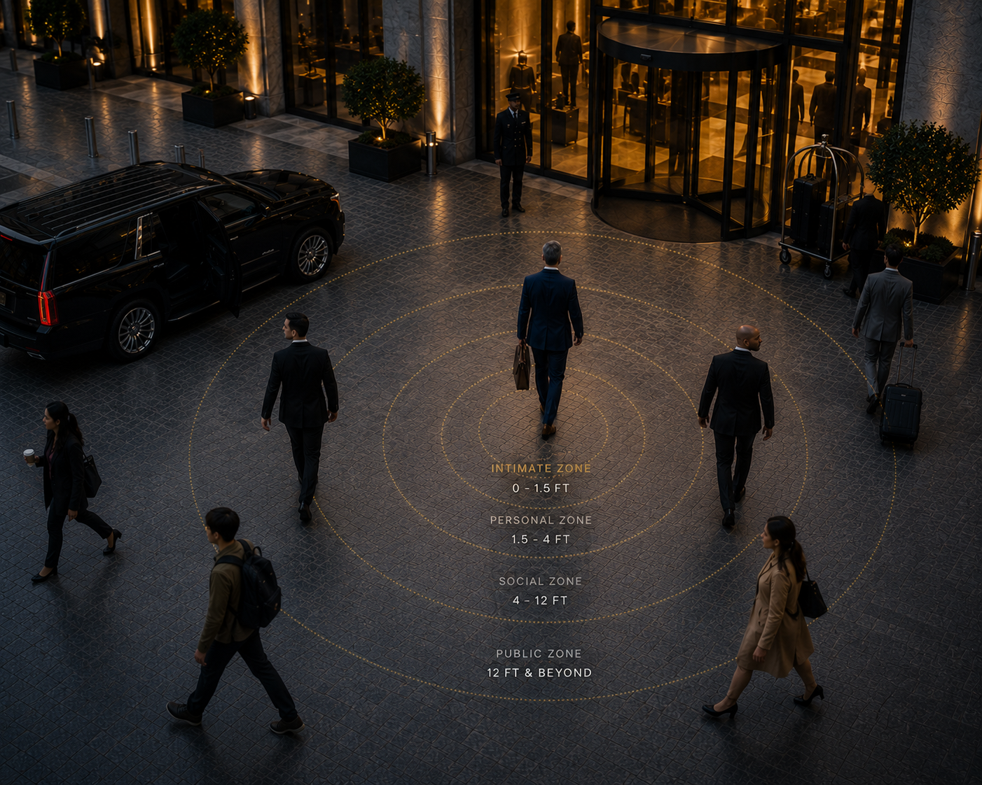 Executive protection detail managing proxemic distance zones around a principal at a luxury hotel entrance